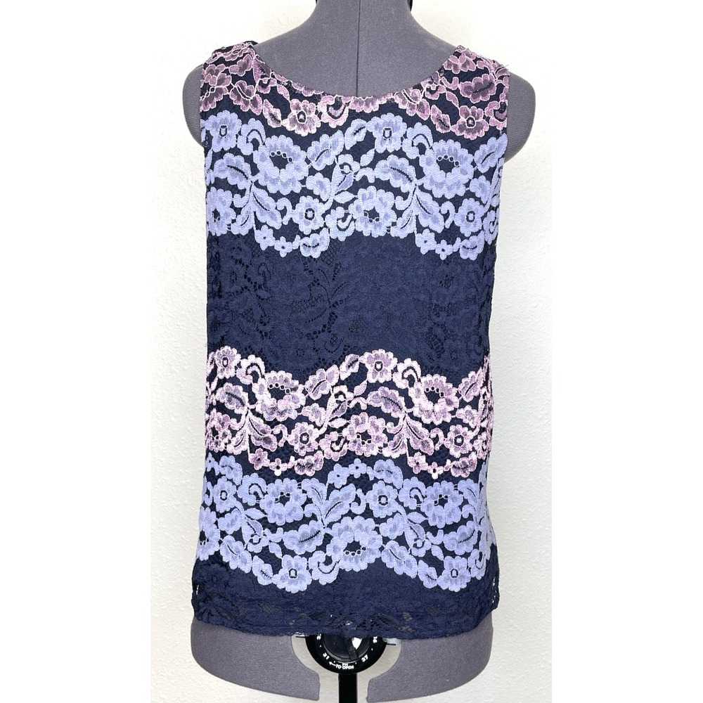 Women Tank Top Floral Lace Striped Sleeveless S Navy Blue Purple